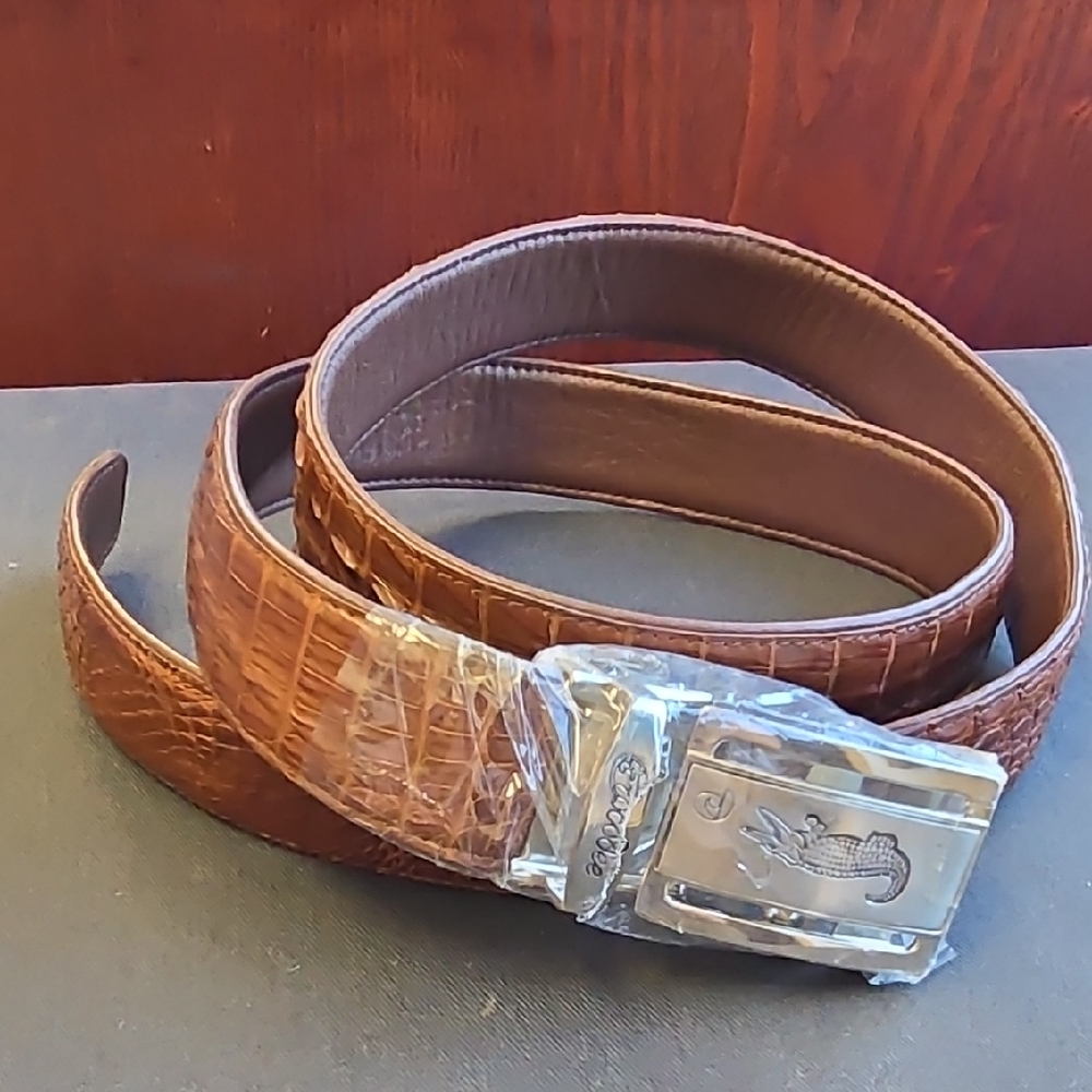 Brown Croc-Embossed Leather Belt with Silver Buckle
